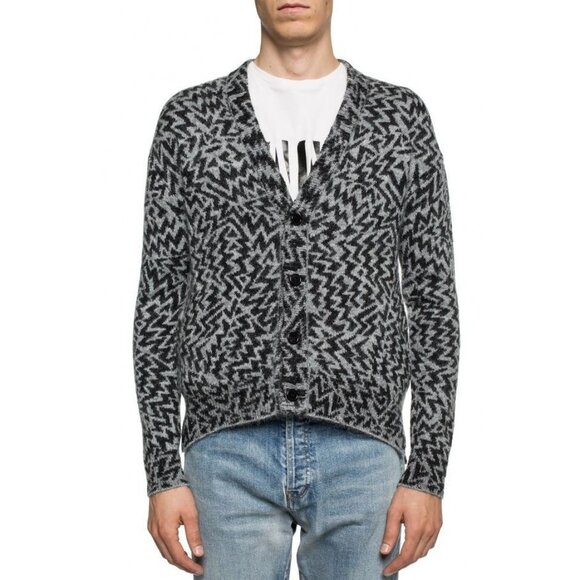 NWT Saint Laurent Geometric-jacquard Wool-blend Cardigan In Grey Size S - Picture 1 of 11